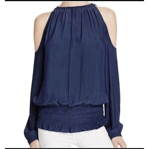 Ramy Brook Blue Cold Shoulder Blouse XS Silk Look Long‎ Sleeve Boho Top